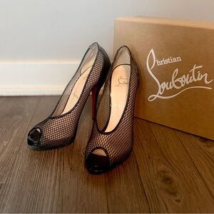 Christian Louboutin Black Fishnet Peep Toe Heels | Size 38 | Red Sole